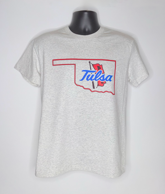 Tulsa Primary Logo with Oklahoma outline Heather White Tee